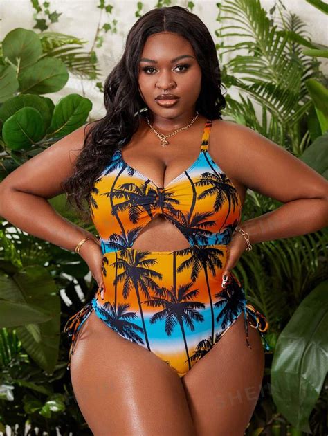 Shein Slayr Plus Size Hollow Out Print Vacation Style One Piece Swimsuit With Backless Design