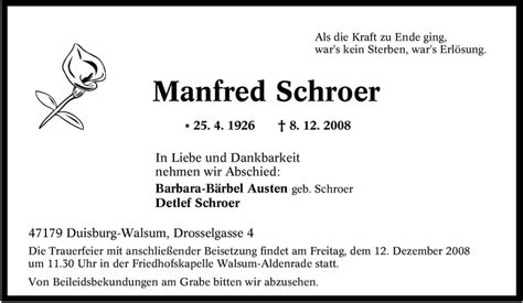 Trauer Und Todesanzeigen Von Manfred Schroer Trauer De