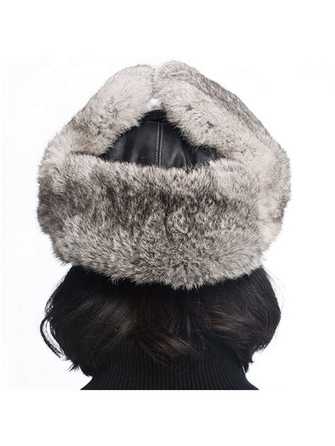 Rabbit Fur Aviator Hat Women Black Leather Winter Bomber Cap Russian