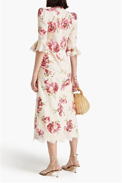 Zimmermann Lace Trimmed Floral Print Linen Midi Skirt The Outnet