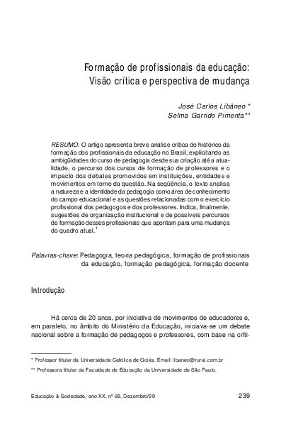 Pdf Formação De Profissionais Da Educação Visão Crítica E