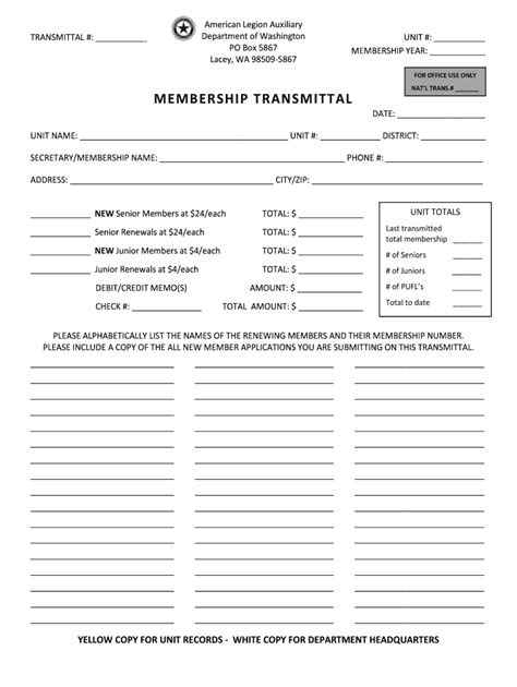 Fillable Online Membership Transmittal Form Walegion Aux Org Fax