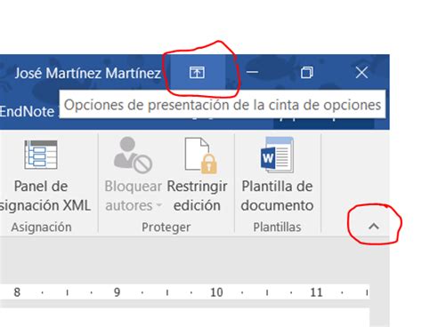 Opciones de presentación de la cinta de opciones Mostrar u ocultar la