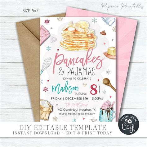 Editable Pancakes And Pajamas Birthday Invitation Pancake And Pajamas