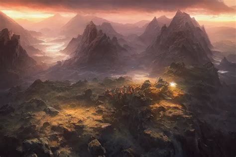 High Aerial Shot Fantasy Landscape Sunset Lighting Stable Diffusion