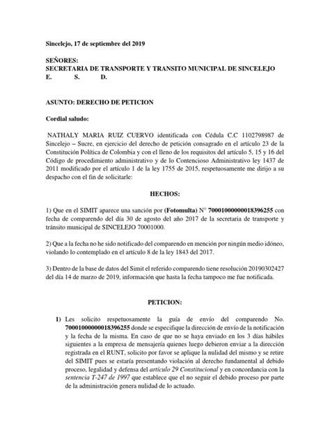 Derecho De Peticion Comparendo Pdf Debido Al Proceso