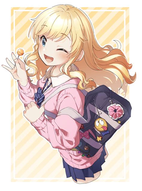 Safebooru 1girl Bag Blonde Hair Blue Eyes Blue Skirt Bow Bowtie Candy Collared Shirt Eyebrows