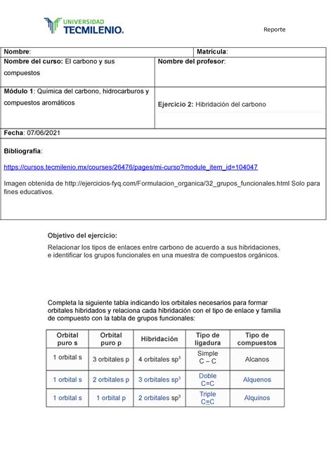 Ejercicio 2 EL Carbono Y SUS Compuestos ESME MTZ Reporte Nombre