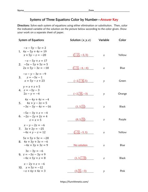 Systems Of Three Equations Color By Number Funrithmetic