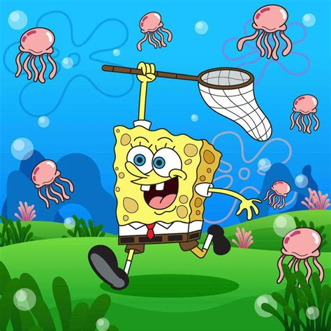 Happy Sponge Character Playing in the Underwater with Jellyfish ...