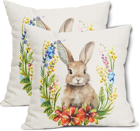 Easter Bunny Pillow Cover Set Of 2 18x18 Inch Rabbit Cotton Linen Decorative Throw