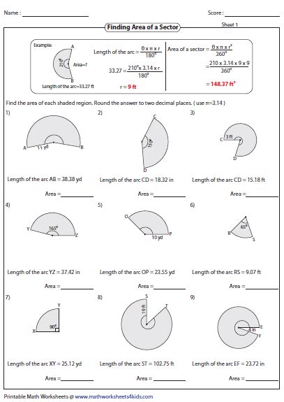 Arc Length And Sector Area Worksheet Kindergarten Printable Sheet