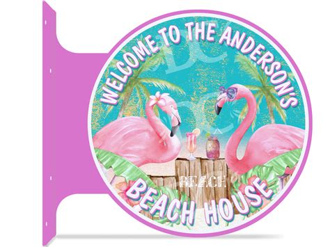 Flamingo Beach House Themed Customized Double Sided Metal Flange Sign