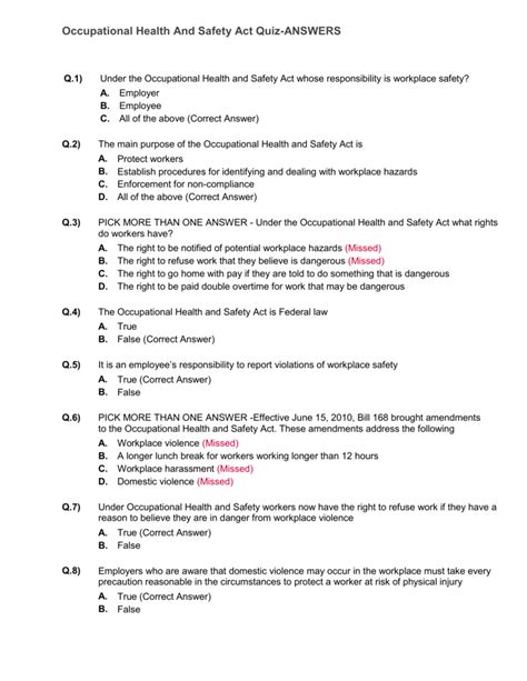 Occupational Health And Safety Act Quiz