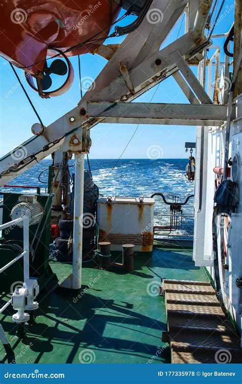 A View Of The Wake Of The Cargo Ship The Deck Superstructures And