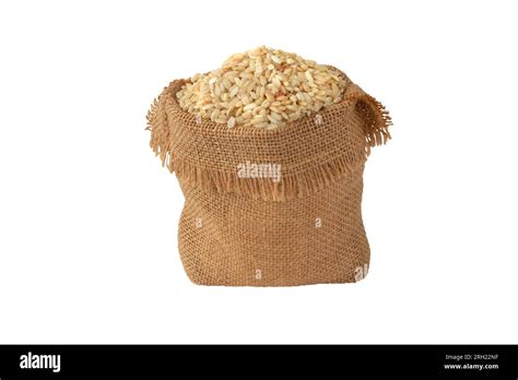 Brown Whole Grain Rice In The Jute Canvas Sack Side View Isolated On