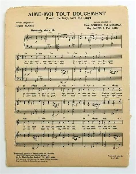 Partition Vintage Sheet Music Jacques Plante Aime Moi Tout Doucement