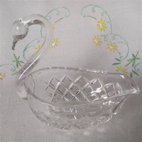 A Vintage Cut Glass Swan Dish Etsy