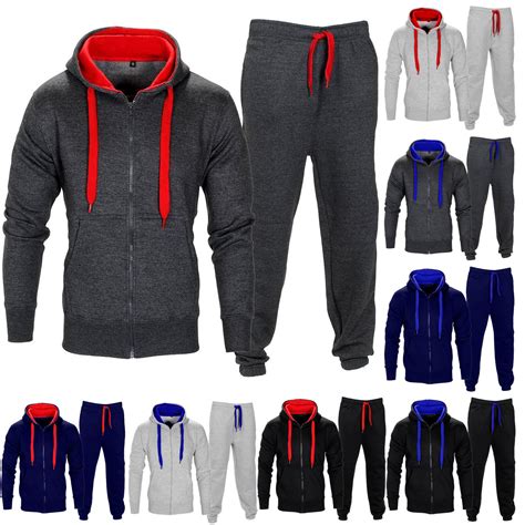 New Mens Tracksuit Set Fleece Hoodie Top And Bottoms Joggers Gym Contrast