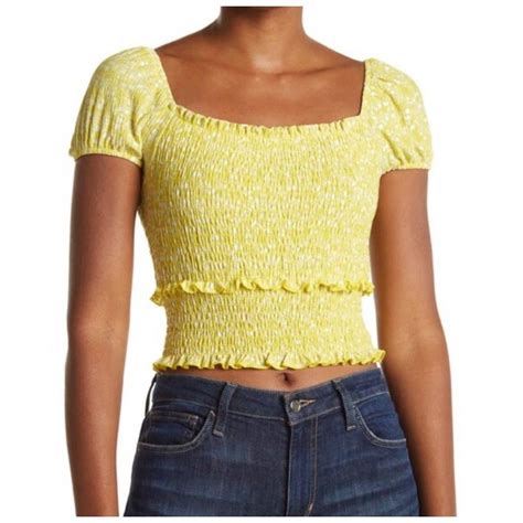 Lush New Yellow Puff Sleeve Smocked Crop Top Sz Depop