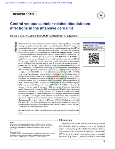 Pdf Central Venous Catheter Related Bloodstream Infections In The