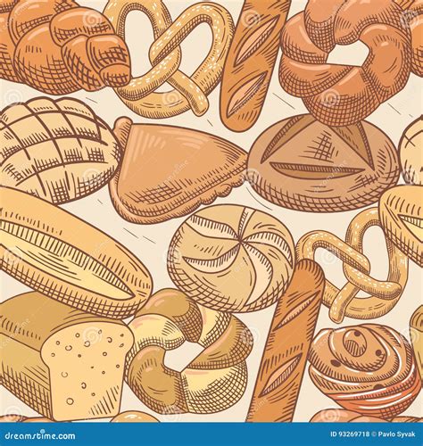 Bakery Hand Drawn Seamless Pattern Fresh Bread And Buns Background