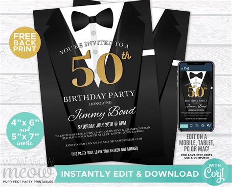 50th Birthday Invite Invitation Fifty Black Tie Secret Agent Etsy