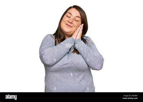 Beautiful Brunette Plus Size Woman Wearing Casual Clothes Sleeping