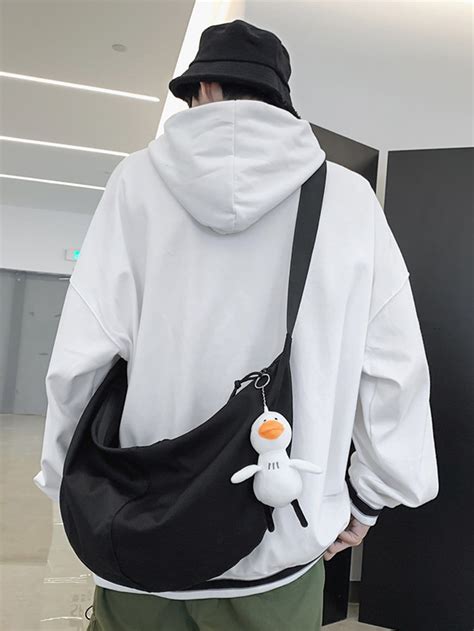 Men Minimalist Hobo Bag With Cartoon Bag Charm Shoulder Bag Outfit