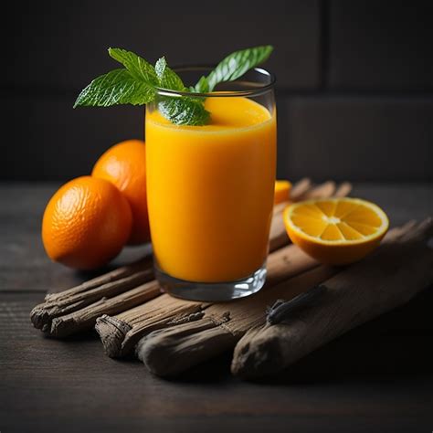 Un Vaso De Jugo De Naranja Con Una Hoja Encima Foto Premium