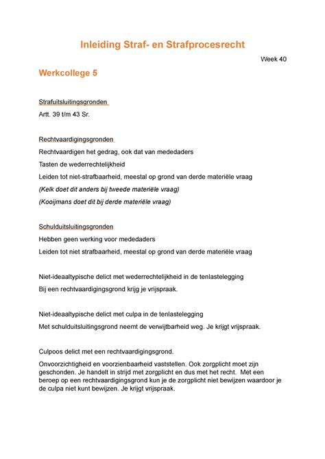 Inleiding Straf En Strafprocesrecht Werkcollege T M Sr