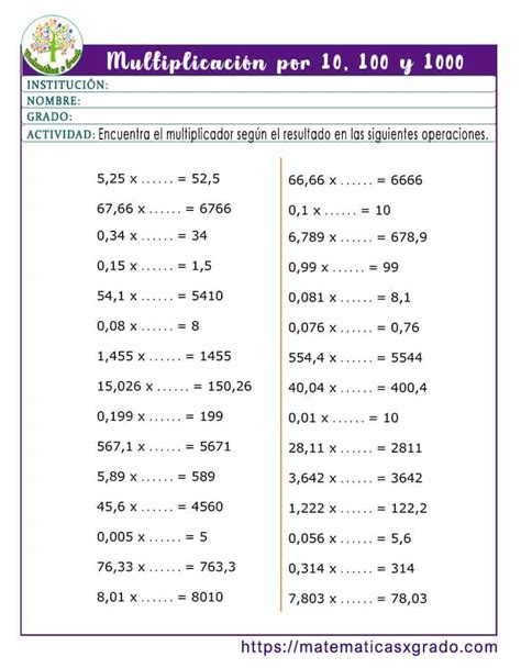 Multiplicación por 10 100 y 1000 para niños