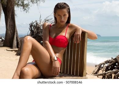 Beautiful Woman Sunglasses Red Bikini On Stock Photo