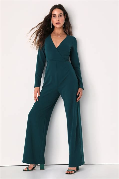 Emerald Green Jumpsuit Long Sleeve Jumpsuit Wide Leg Jumpsuit Lulus