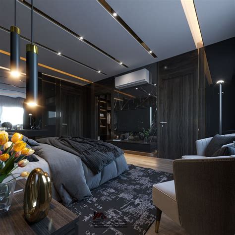 A Modern Bedroom With Black Walls And Wood Flooring Large Bed