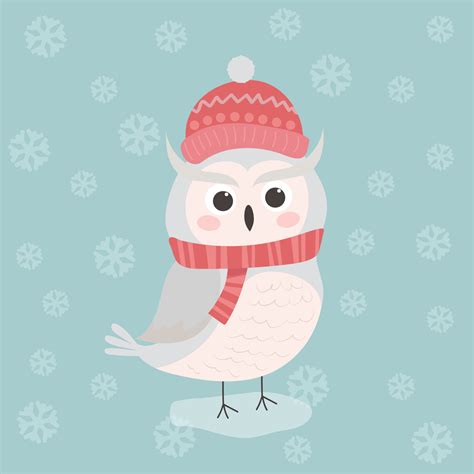 Winter illustration with a cute polar owl in a hat and scarf. Christmas ...