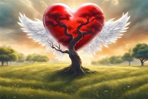 Flying Red Heart With White Wings Behind A Tree Stock Illustration