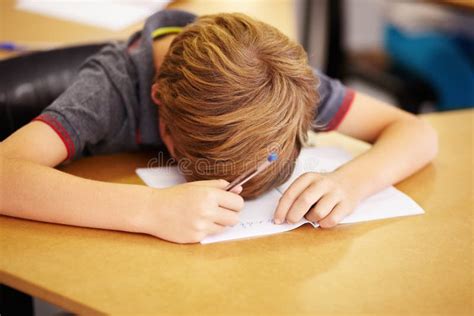 He Stayed Up Late But Nowa Cute Little Boy Asleep At His Desk At