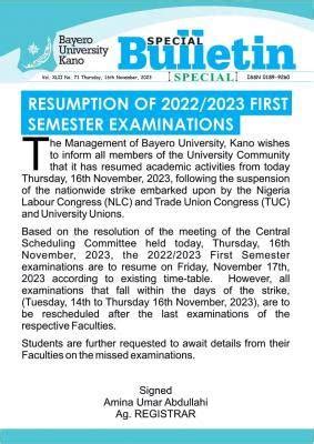 Buk Notice On Resumption Of St Semester Exam Myschool