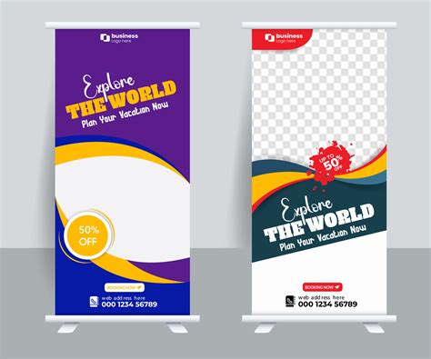Enjoy holiday roll up banner design. Travel and tourism agency standee ...