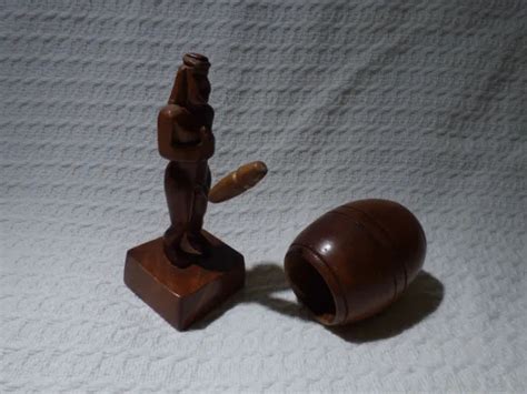 Vintage Risqu Nude Carved Wooden Barrel Man Figurine Egyptian