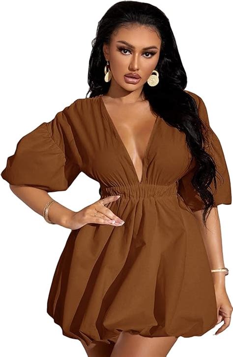 Wdirara Women S Deep V Neck Puff Sleeve High Rise Flare Dress Elastic