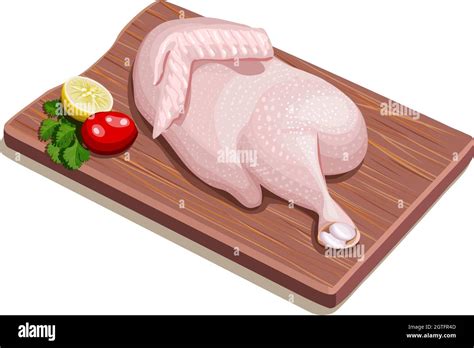 Vector Illustration Of Raw Half Chicken With Skin Arranged On Wooden