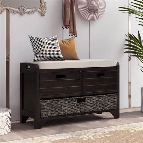 Narrow Storage Bench Solid Wood Entryway Benchwith 2 Drawers And Removable Basket Classic