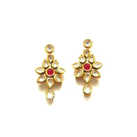 Gold Toned Traditional Kundan Drop Earrings For Women