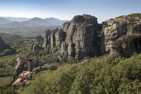 Mysterious Hanging Over Rocks Monasteries Of Meteora Greece Stock