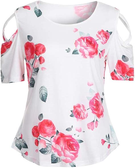 Damen Elegant Blusen Sommer Kurzarm Kalte Schulter Blume Drucke Mode