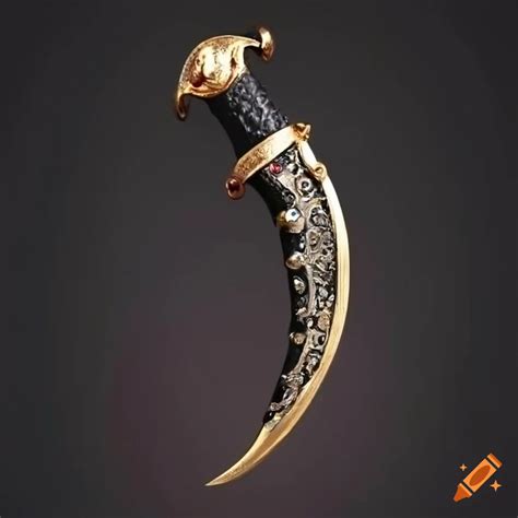 Left Handed Curved Dagger Made Of Black Metal With Gemstones And Gold