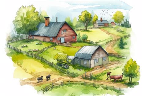 Рисунок фермы с фермой и сельскохозяйственными животными. | Премиум Фото