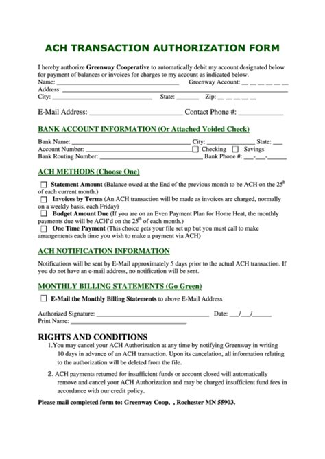 Ach Transaction Authorization Form Printable Pdf Download